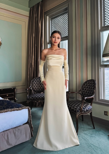 Apricot Simple Mermaid Strapless Satin Long Prom Dress Formal Dress Party Dress HZ1023